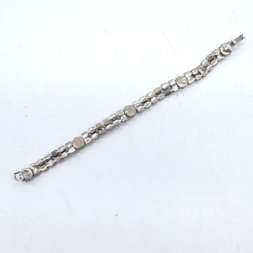 Vintage Rhinestone Tennis Bracelet Double Row Silver Tone Clear Crystal 7 Inch